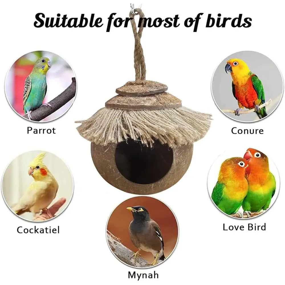 Coconut Hide with Loop, Natural Coconut Fiber Hanging Birdhouse Cage, Coconut Bird Shell Breeding Nest for Parrot Parakeet Loveb