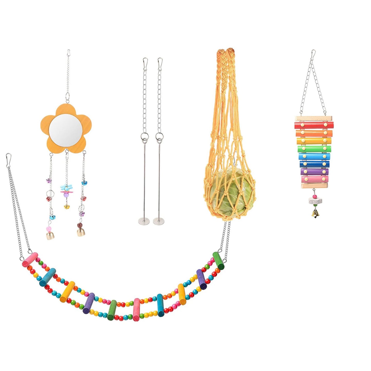 7PCS Chicken Toy Set with Wooden Hanging Feeder Chewing Training Toy Parrot Playing Training Toys Rooster Hen Chick Toys