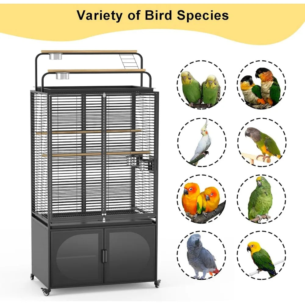 72 Inch Bird Cage with Play Top Extra Large Rolling Storage Cabinet for Parrots Cockatiels and Budgies