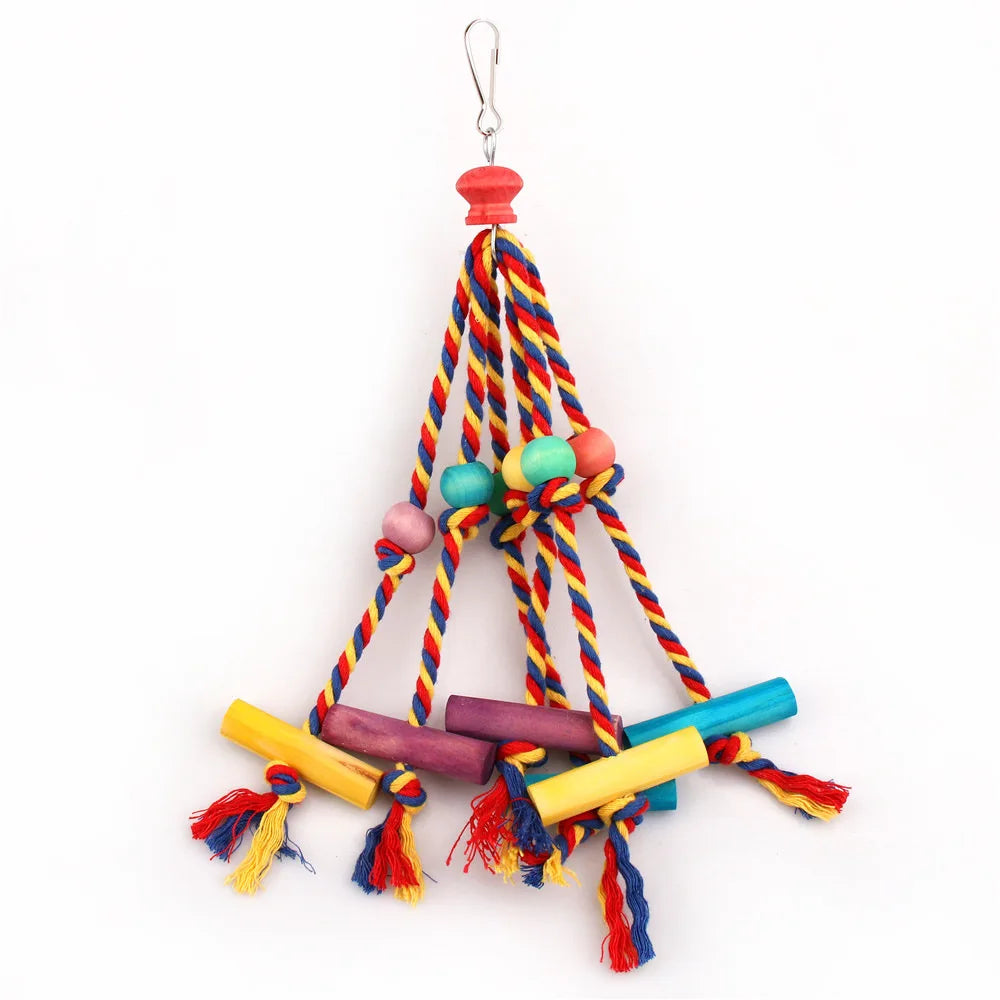 Wooden Bird Chew Toy With Cotton Rope For Parrots Training