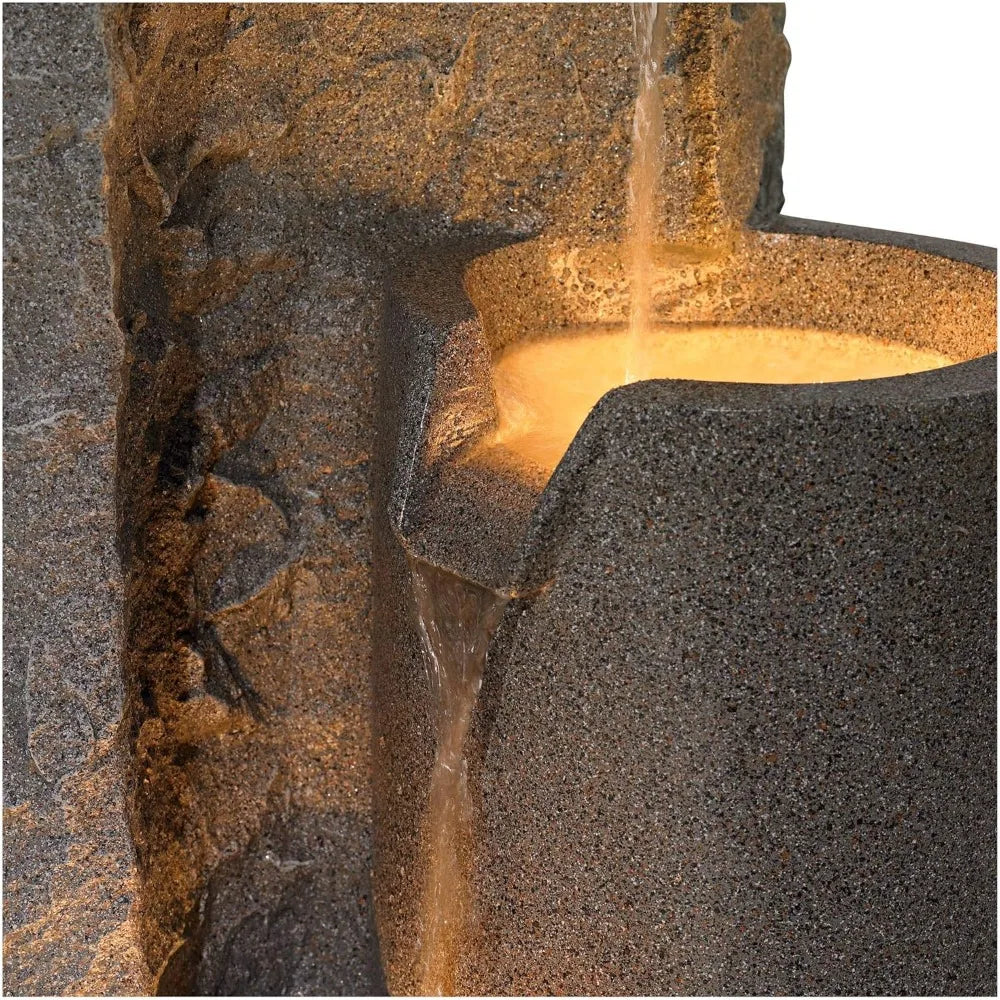 Bowl and Pillar 34 1/2 High Large Modern Zen Outdoor Decor Faux Stone Floor Fountain with Light LED Standing Waterfall Tiered