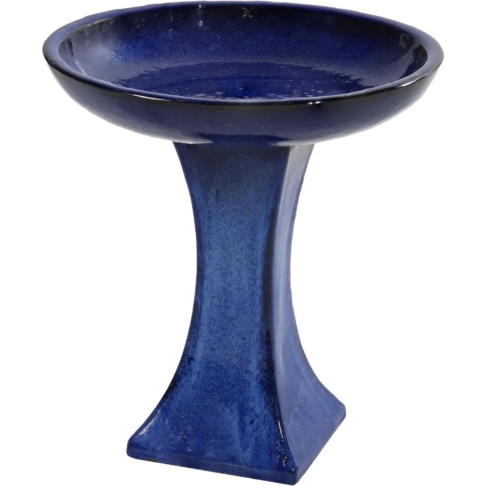 Ceramic Bird Bath for Outside, 16 H - UV- and Frost-Resistant, Pedestal Bird Bath, Blue Glazed Bowl