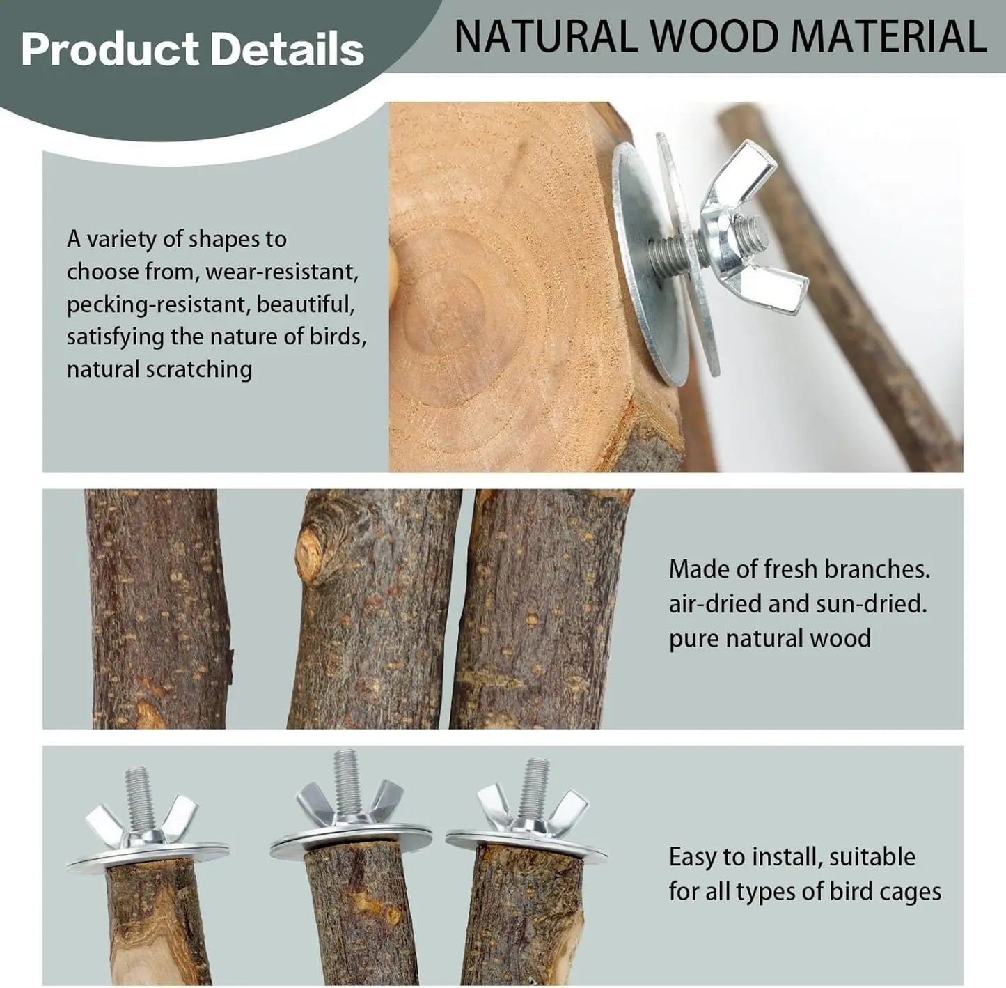 8PCS Natural Wood Bird Perches – Multi-Branch Cage Stand & Platform for Parakeets, Budgies, Cockatiels & Small Parrots