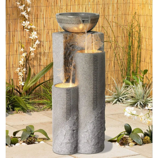 Bowl and Pillar 34 1/2 High Large Modern Zen Outdoor Decor Faux Stone Floor Fountain with Light LED Standing Waterfall Tiered