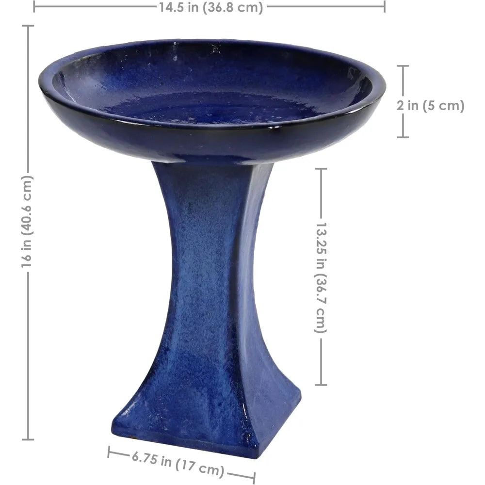 Ceramic Bird Bath for Outside, 16 H - UV- and Frost-Resistant, Pedestal Bird Bath, Blue Glazed Bowl