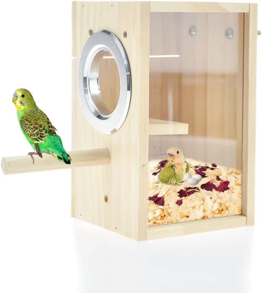 Wooden & Acrylic Bird Nest Box – Transparent Breeding House for Parakeets, Budgies, Lovebirds, Finches &Parrots