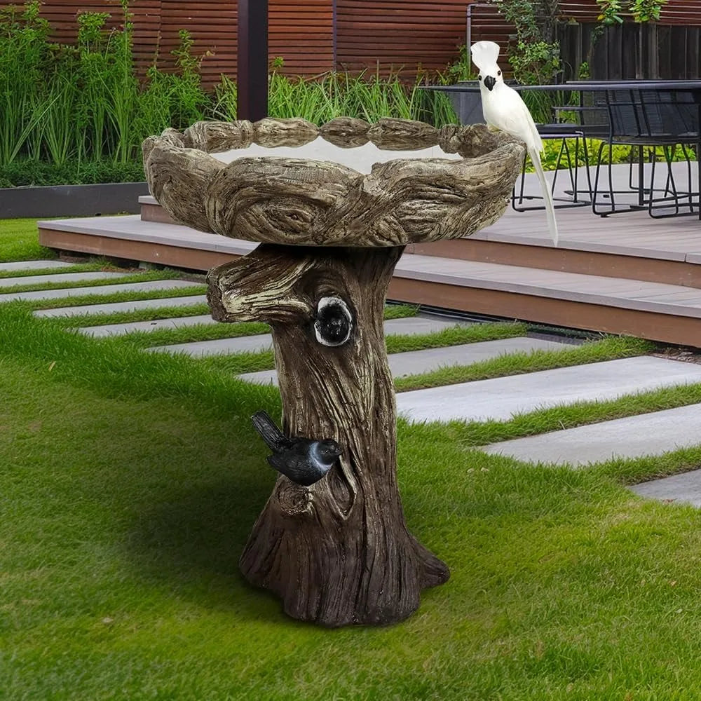 23” Tall Fibre Reinforced Concrete Birdbaths with Birds for Patio, Woodland Tree Trunk Decorative Outdoor Bird Bath for Garden