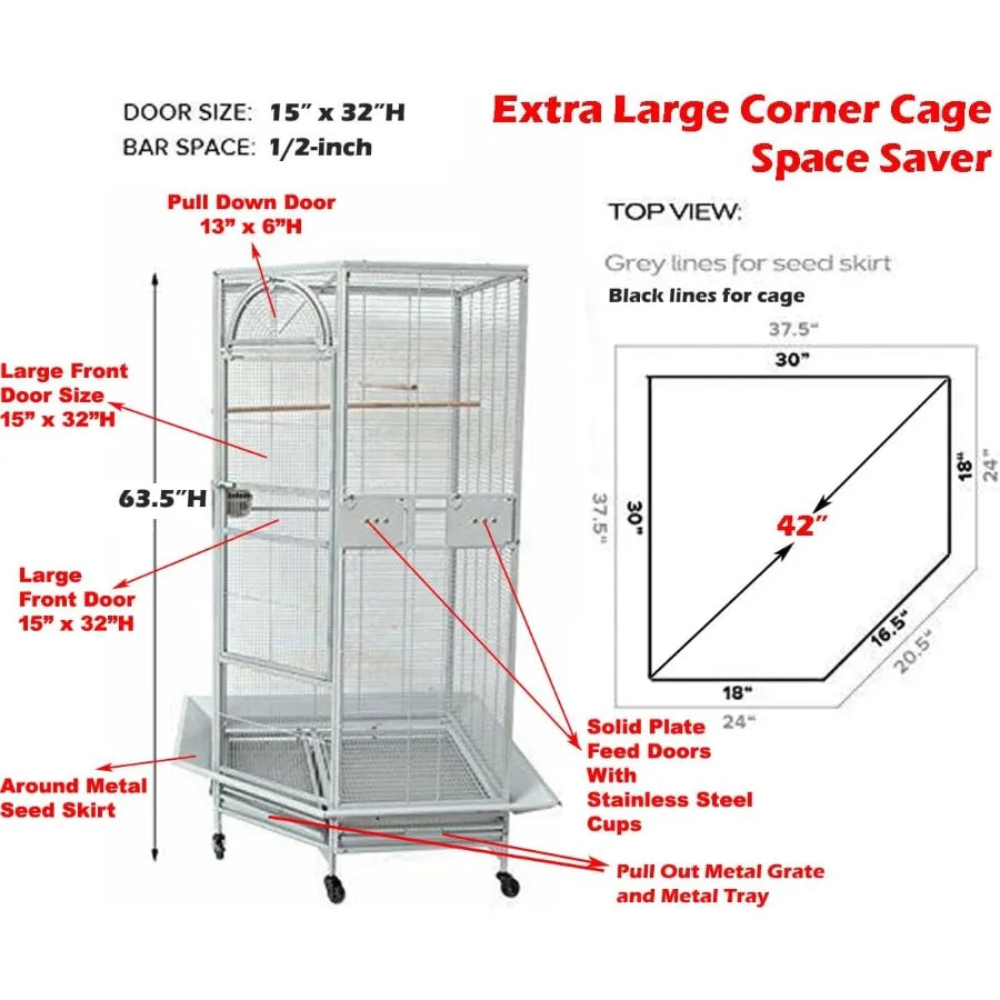 64 Extra Large Corner Bird Flight Breeding Wrought Iron Rolling Parrot Cage with Side Solid Metal Plate Feed Doors Pull Out Rem