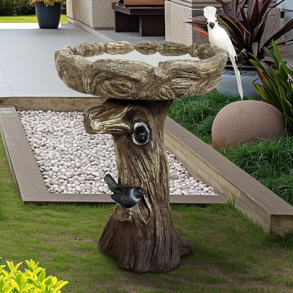 23” Tall Fibre Reinforced Concrete Birdbaths with Birds for Patio, Woodland Tree Trunk Decorative Outdoor Bird Bath for Garden