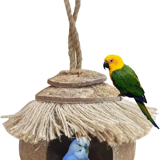 Coconut Hide with Loop, Natural Coconut Fiber Hanging Birdhouse Cage, Coconut Bird Shell Breeding Nest for Parrot Parakeet Loveb