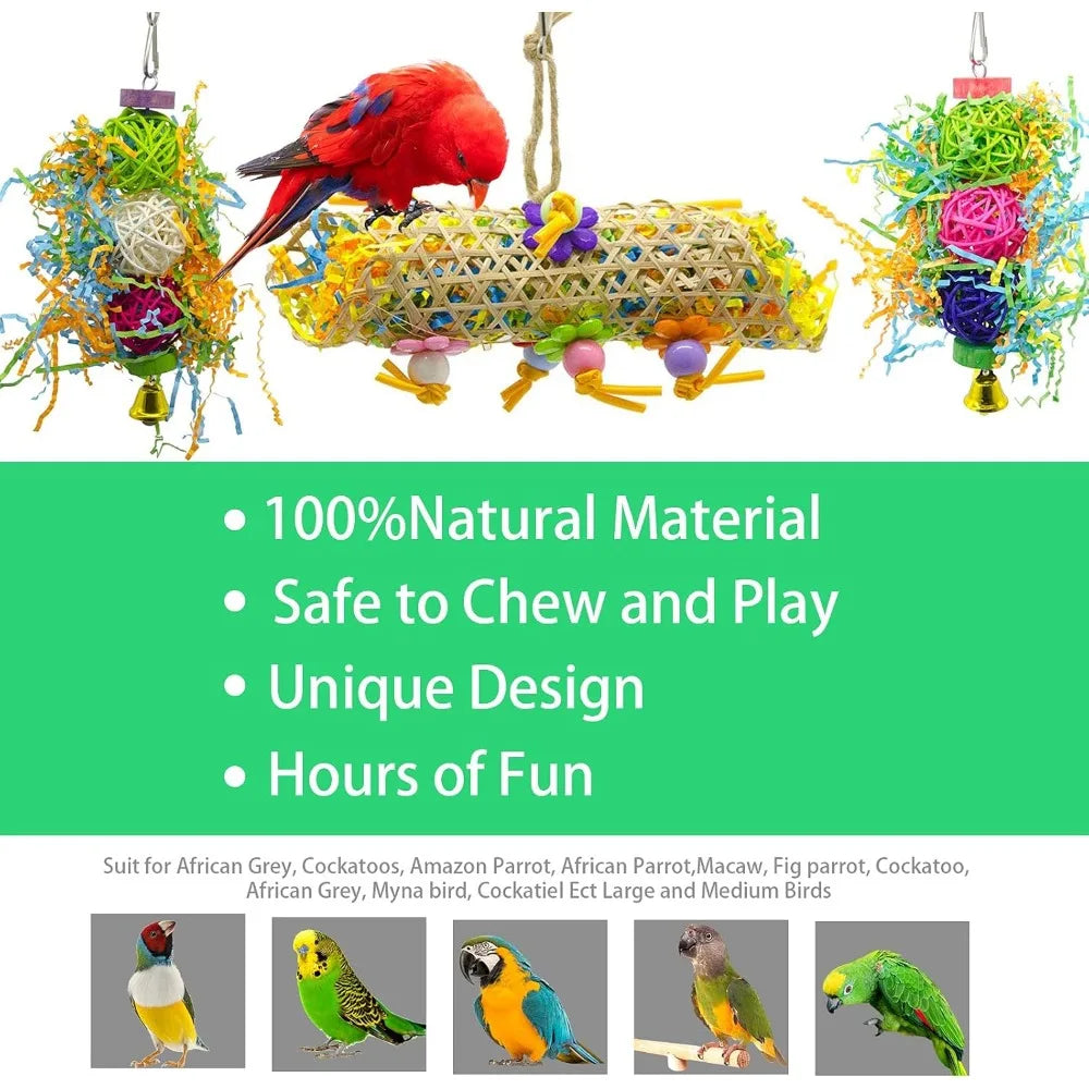 3-Pack Bird Chewing Toys: Loofah Hanging Foraging Fun for Parrots, Cockatiels, Conures.
