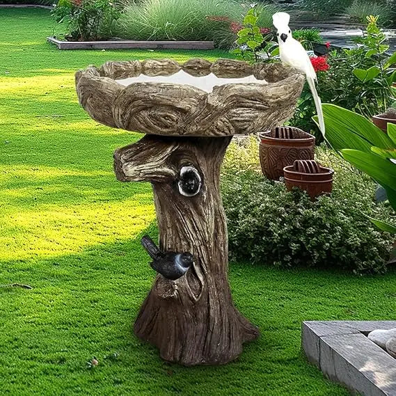 23” Tall Fibre Reinforced Concrete Birdbaths with Birds for Patio, Woodland Tree Trunk Decorative Outdoor Bird Bath for Garden