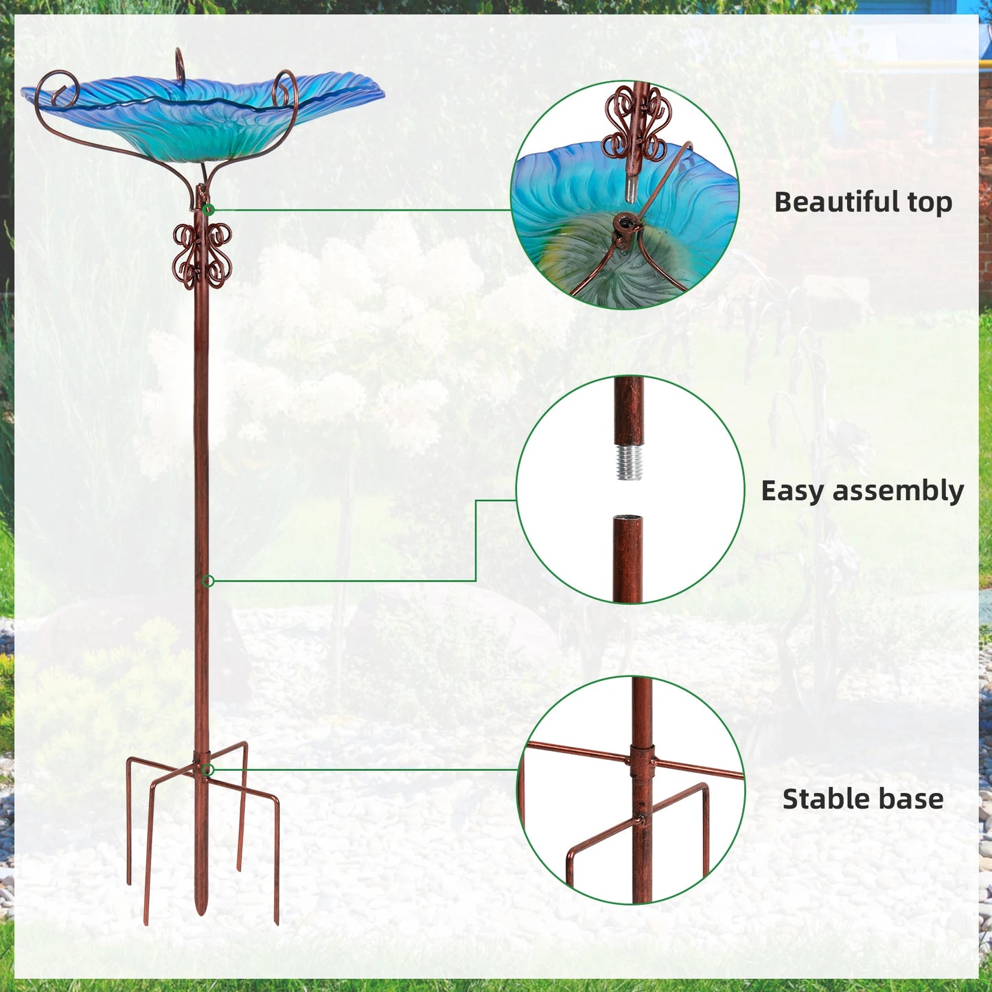 Feature Glass Bird Bath With Stake Outdoor Fountain