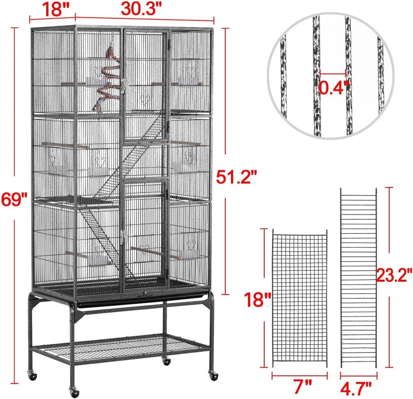 69-Inch Large Metal Bird Cage for Parrots, Cockatiels, Conures, Parakeets, Lovebirds - Black