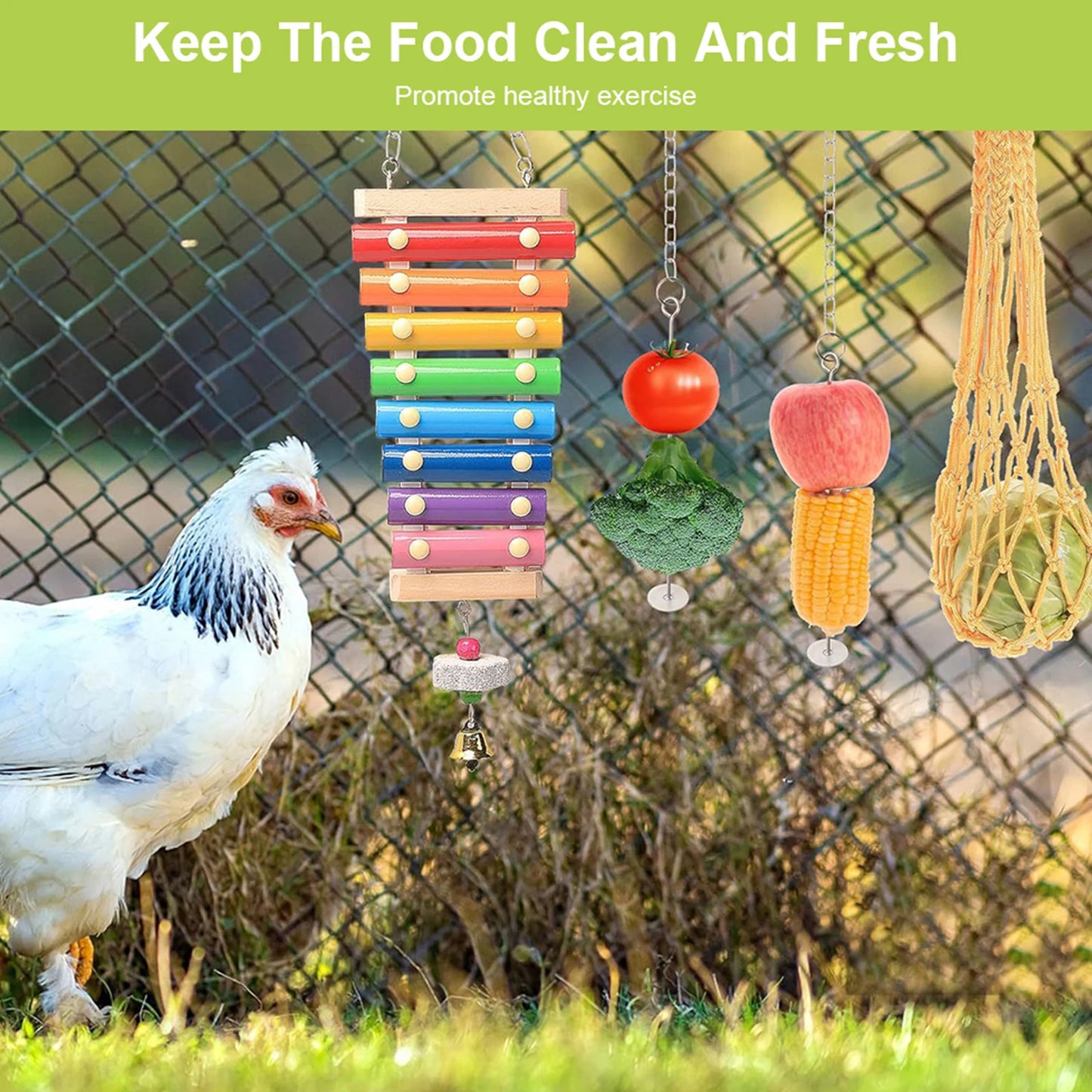 7PCS Chicken Toy Set with Wooden Hanging Feeder Chewing Training Toy Parrot Playing Training Toys Rooster Hen Chick Toys