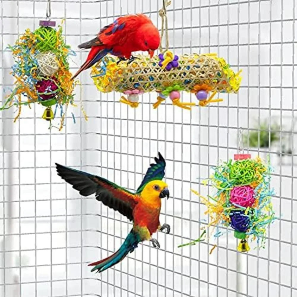 3-Pack Bird Chewing Toys: Loofah Hanging Foraging Fun for Parrots, Cockatiels, Conures.