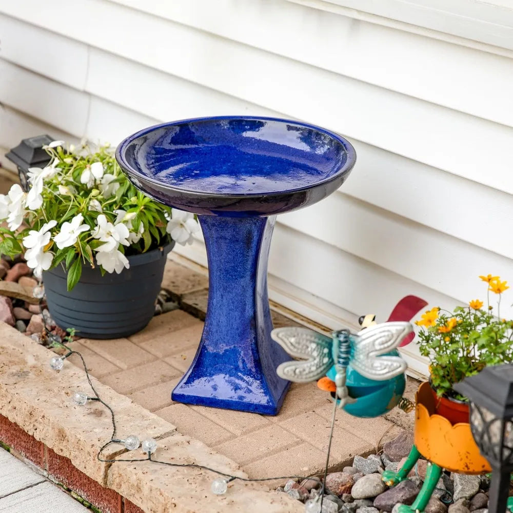 Ceramic Bird Bath for Outside, 16 H - UV- and Frost-Resistant, Pedestal Bird Bath, Blue Glazed Bowl