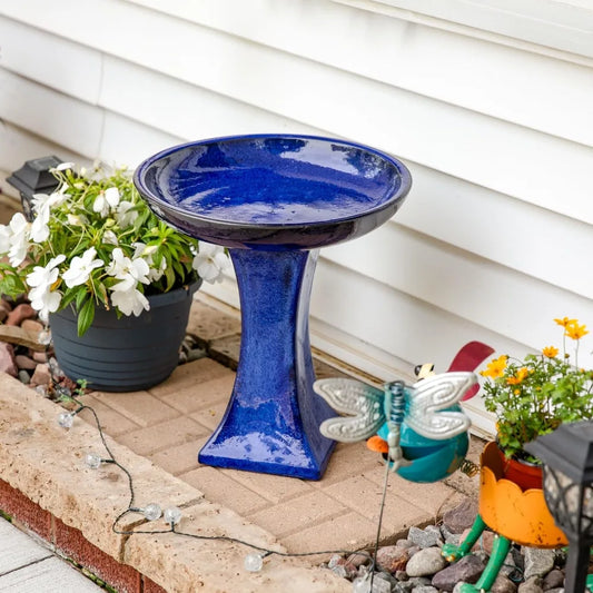 Ceramic Bird Bath for Outside, 16 H - UV- and Frost-Resistant, Pedestal Bird Bath, Blue Glazed Bowl
