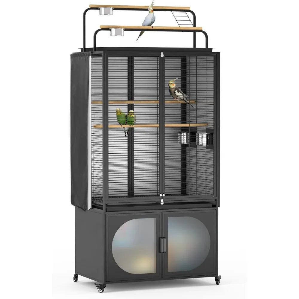 72 Inch Bird Cage with Play Top Extra Large Rolling Storage Cabinet for Parrots Cockatiels and Budgies