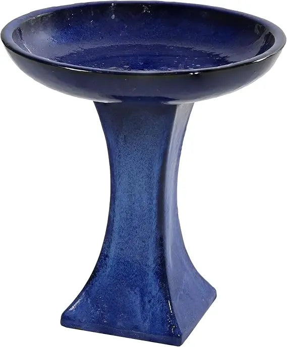 Ceramic Bird Bath for Outside, 16 H - UV- and Frost-Resistant, Pedestal Bird Bath, Blue Glazed Bowl