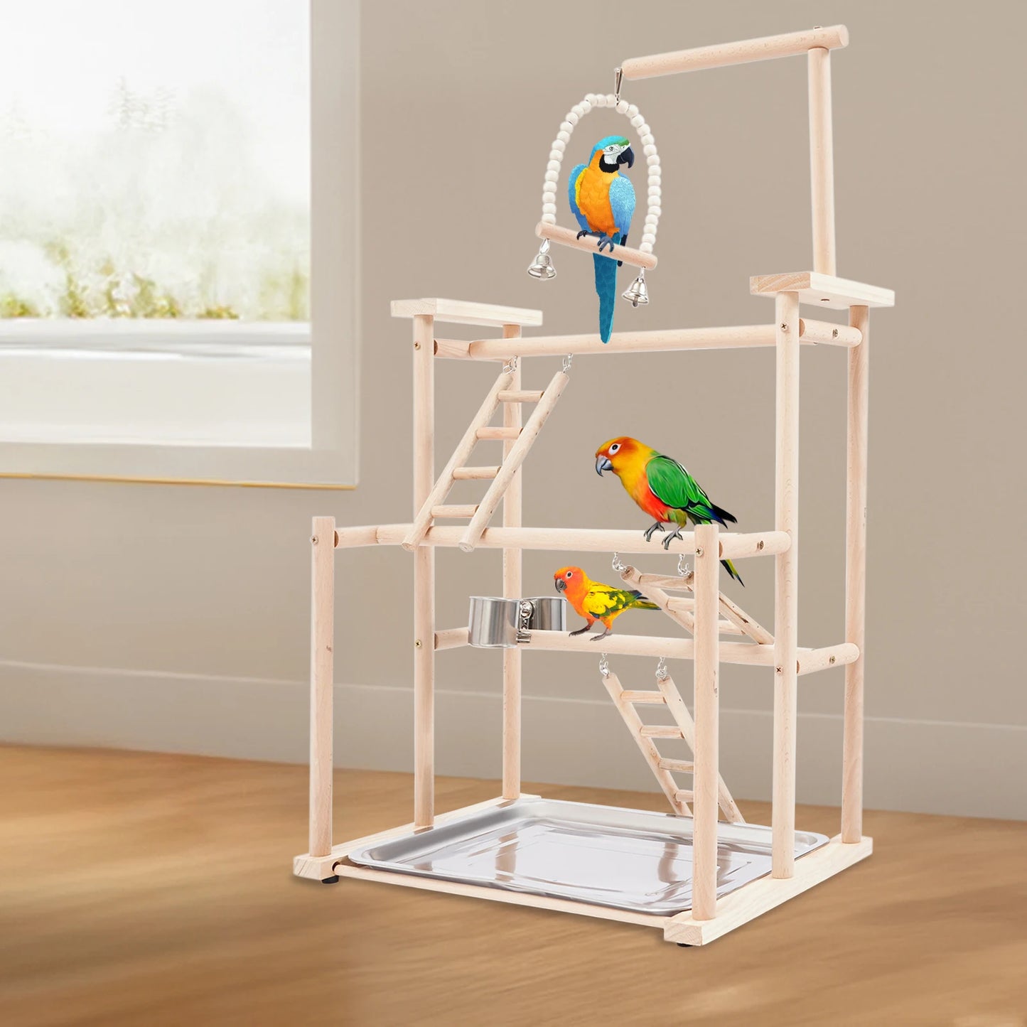 3 Tiers Parrots Rack, Wood Bird Playing Stand, Pet Parrot Rack Capacity 2-10 Birds for Mid-sized and Small-sized Birds