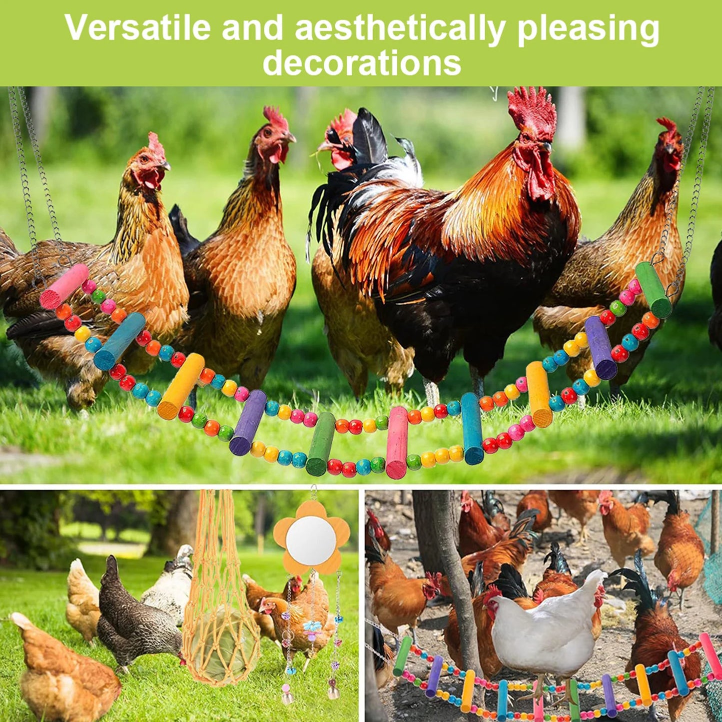 7PCS Chicken Toy Set with Wooden Hanging Feeder Chewing Training Toy Parrot Playing Training Toys Rooster Hen Chick Toys