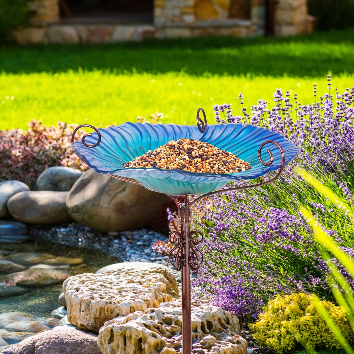 Feature Glass Bird Bath With Stake Outdoor Fountain