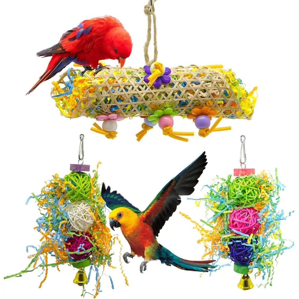 3-Pack Bird Chewing Toys: Loofah Hanging Foraging Fun for Parrots, Cockatiels, Conures.