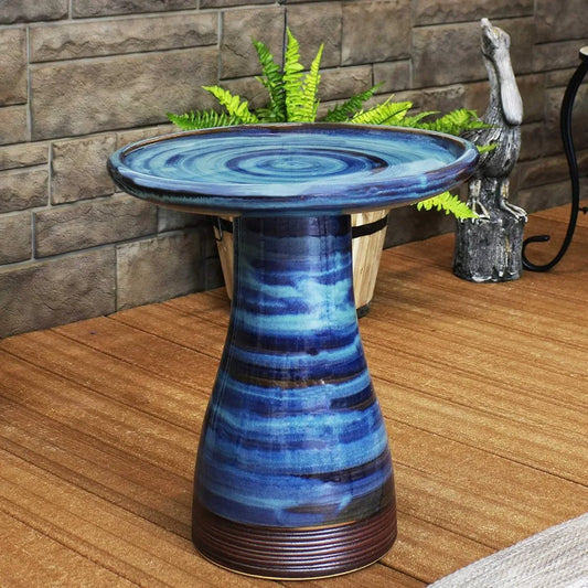 21 H Ceramic Bird Bath for Outside, Hand-Painted Outdoor Bird Bath Bowl, UV/Frost-Resistant Finish, Galaxy Blue