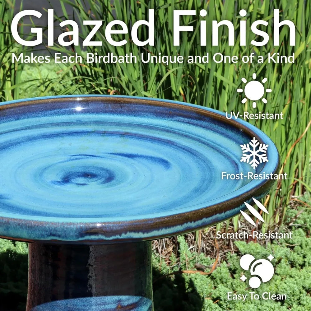 21 H Ceramic Bird Bath for Outside, Hand-Painted Outdoor Bird Bath Bowl, UV/Frost-Resistant Finish, Galaxy Blue