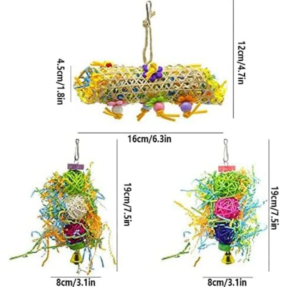 3-Pack Bird Chewing Toys: Loofah Hanging Foraging Fun for Parrots, Cockatiels, Conures.