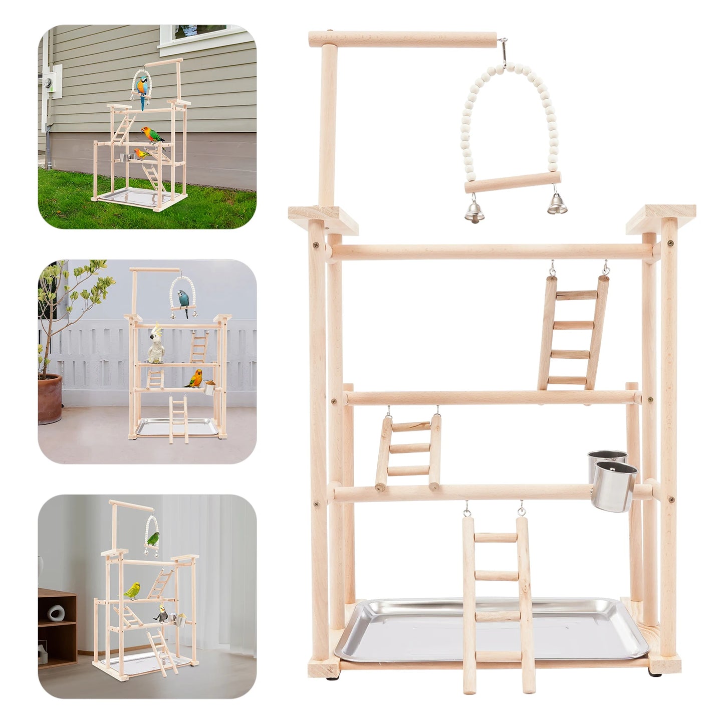 3 Tiers Parrots Rack, Wood Bird Playing Stand, Pet Parrot Rack Capacity 2-10 Birds for Mid-sized and Small-sized Birds