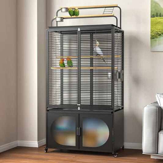 72 Inch Bird Cage with Play Top Extra Large Rolling Storage Cabinet for Parrots Cockatiels and Budgies